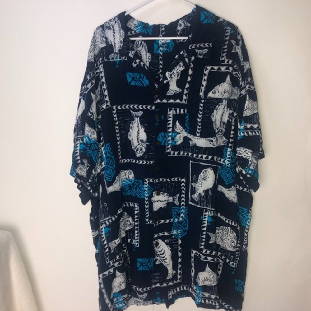 King Size Dark Blue & White with Fish Logo Men's‎ Shirt 5XL